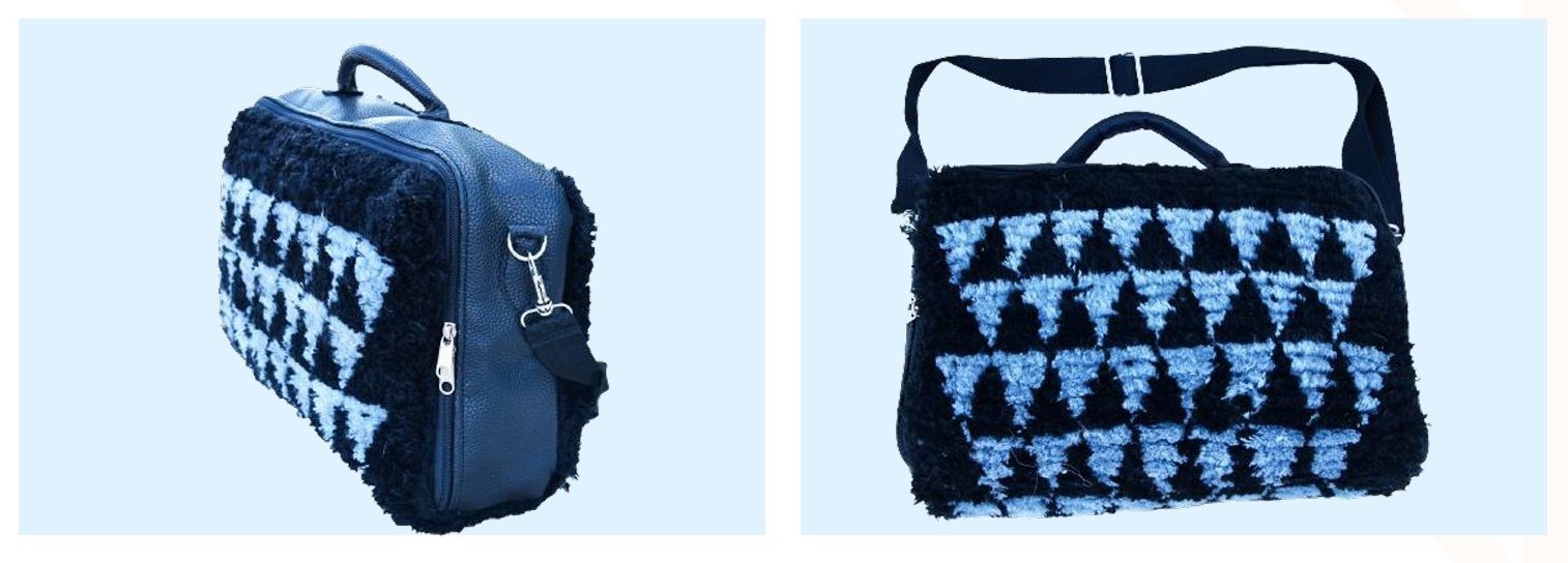 Sac ordinateur motif triangles noirs, vue de côté et de face